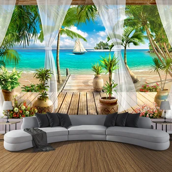 3D Фотообои на заказ, Балкон, Песчаный пляж, Вид на море, 3D Гостиная, Диван, Спальня, ТВ, Фон, Настенная роспись, обои для домашнего декора