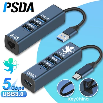 PSDA Алюминиевый 5 Гбит/с USB C USB 3.0 Type C 3.1 4-Портовый Мультиразветвительный Адаптер OTG с RJ45 Для ПК Xiaomi Lenovo Macbook Компьютер