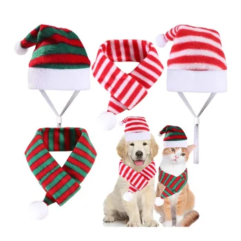 2 шт./компл. Шляпа Санта-Клауса с шарфом, Рождественская шляпа и шарф для собак, полосатые рождественские костюмы для маленьких собак, кошек, товары для домашних животных