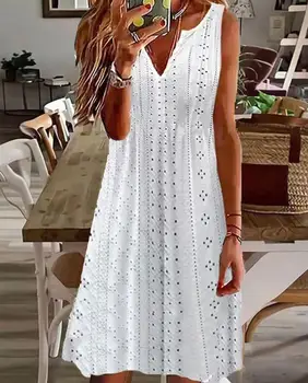 Белое платье для женщин с вышивкой Повседневное мини-платье с вырезом-петелькой Без рукавов 2023 Летние Модные Женские платья трапециевидной формы