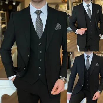 Деловые Черные Классические мужские костюмы с джентльменской тройкой, Куртка, жилет, Брюки, сшитые по индивидуальному заказу Для свадебного торжества