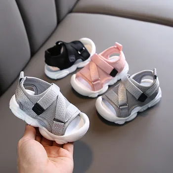 Летние сандалии для малышей, обувь для маленьких девочек, Однотонная Сетчатая ткань, Дышащие кроссовки для мальчиков, Детские Спортивные сандалии для девочек SYJ035