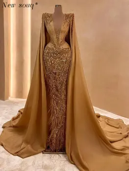 Арабские золотые мусульманские вечерние платья с блестками и длинной накидкой из перьев, сексуальная иллюзия, вечерние платья для свадебной вечеринки с глубоким V-образным вырезом
