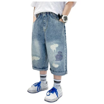 Модные Красивые Джинсовые Шорты Для мальчиков, Хлопковые Широкие брюки в стиле хип-хоп для Больших Детей, Хлопковые Шорты с эластичной Резинкой на талии, Детская Одежда
