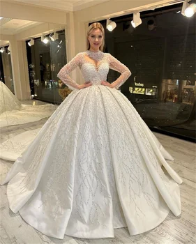 Роскошные арабские Дубайские бусы и кристаллы Свадебные платья 2023 Изысканное бальное платье с длинным рукавом Свадебные Платья Vestido de Noiva