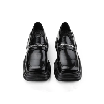 Блестящие Черные Мужские Модные Оксфорды с квадратным носком, Современные туфли-оксфорды на толстом каблуке, Повседневная офисная обувь для молодых мужчин