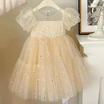 Платье принцессы на день рождения для девочек, милая детская одежда в стиле пэчворк с круглым вырезом, расшитое блестками, с коротким рукавом, повязка, газовые летние платья