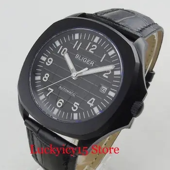 Популярный полностью черный корпус часов с PVD покрытием 39 мм, автоматические мужские часы, кожаный ремешок, индикатор даты