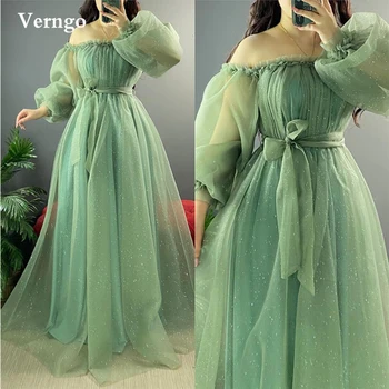 Verngo, Мерцающие Светло-зеленые Вечерние платья с открытыми плечами, Пышные Платья с длинными рукавами, Драпированное Платье Трапециевидной формы для выпускного Вечера, Плюс Размер 2021, Вечернее платье