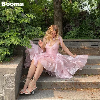 Booma Розовые платья для выпускного вечера Трапециевидной формы с V-образным вырезом и открытой спиной на шнуровке, платья для особых случаев Длиной до колен, платья для выпускного бала