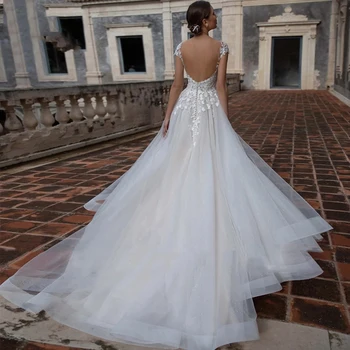 TIXLEAR Vestidos De Novia 2023 Простое Свадебное платье с открытой спиной и вырезом Лодочкой, Элегантное Свадебное платье из Тюля с Кружевной аппликацией