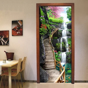 3D Обои Водопады в Китайском стиле Природный Пейзаж Наклейка На Дверь Фото Настенные Фрески ПВХ Самоклеящиеся Водонепроницаемые 3D Домашний Декор