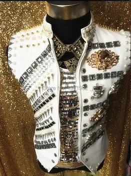 2015, Мужской Новый стиль, модный белый мужской крутой стильный жилет для певца и танцора, мужской ночной клуб, бар, концерт, танцевальная куртка, верхняя одежда