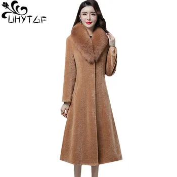 UHYTGF, зимняя шуба с воротником из лисьего меха, женская новая качественная куртка для стрижки овец, повседневное теплое длинное пальто, 4 размера плюс 922