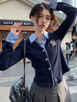 ADAgirl, синяя поддельная блузка-двойка, опрятный стиль, Рубашки с длинными рукавами и пуговицами для женщин, Корейская мода, осенняя милая одежда для девочек
