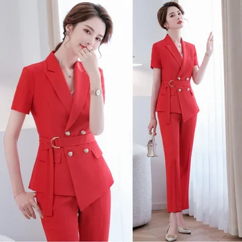 Красный костюм, Женская летняя деловая одежда высокого класса, Стиль Богини Темперамента, Модный маленький костюм интернет-знаменитости с коротким рукавом