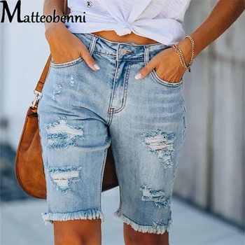Рваные джинсы Летние Уличные узкие брюки с кисточками на высокой резинке, брюки со средней талией, женские повседневные шорты с узкими отверстиями