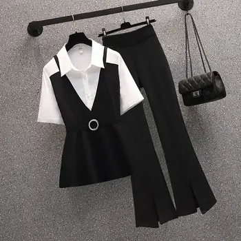 Элегантный офисный женский костюм-двойка, женский летний комплект Simplicity, Плюс Размер, женская рубашка с коротким рукавом, брюки с начесом