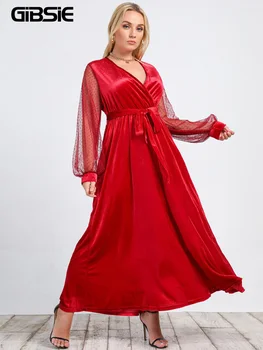 GIBSIE Плюс Размер, Вельветовое платье с рукавом-фонариком, женское Элегантное Сексуальное платье с глубоким V-образным вырезом, вечерние Макси-платья трапециевидной формы