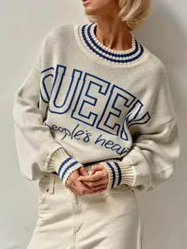 2022 Новый Женский Повседневный Свободный свитер премиум-класса в ленивом стиле, круглый вырез, длинный рукав, полосатый свитер с буквенным принтом