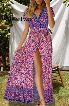 Богемное платье Макси с цветочным принтом, Женское Летнее Повседневное пляжное платье с разрезом сбоку, женские сарафаны Vestidos