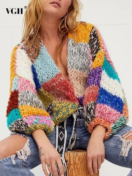 VGH Винтажные свитера хитового цвета для женщин с V-образным вырезом и рукавом-фонариком, Повседневный Свободный Кардиган в стиле пэчворк, женская зимняя одежда