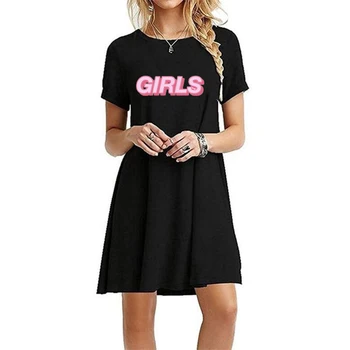 Женское летнее розовое платье-футболка с принтом для девочек, повседневные мини-платья длиной до колена, Платье-пуловер, платье для йоги