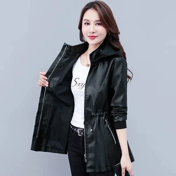 Модная женская куртка, черные куртки из искусственной кожи на молнии, базовое пальто с отложным воротником и капюшоном, куртка для мотобайкеров, верхняя одежда