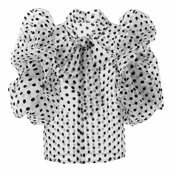 Модная Одежда Свободная Рубашка в горошек на шнуровке с Бантом Женская Рубашка Со стоячим воротником и коротким рукавом Повседневная шифоновая Блузка Женская