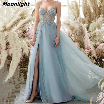 Вечернее Платье на Тонких Бретельках Moonlight, Сверкающее Блестками Тюлевое Иллюзионное Сексуальное Платье для Выпускного Вечера с V-образным вырезом и открытой спиной на Молнии, Vestidos de noche