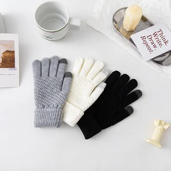 Женские зимние теплые вязаные перчатки с полными пальцами, однотонные шерстяные варежки, толстые теплые велосипедные перчатки для вождения