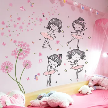 Наклейки на стену с мультяшной девушкой-Танцовщицей, сделай сам, Розовый Цветок Одуванчика, Декор стен, Наклейки для Детской комнаты, Детской Спальни, Кухни, Украшения дома