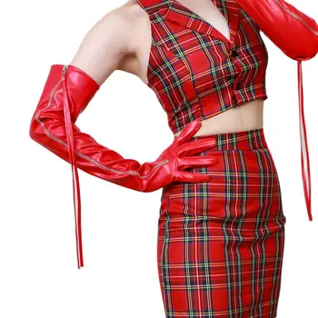 Латексные ДЛИННЫЕ ПЕРЧАТКИ из искусственной лакированной кожи PU 60 см, блестящие красные серебряные женские кожаные перчатки с кисточками на молнии WPU226