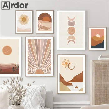 Абстрактное Солнце, Радуга, Луна, Оранжевое Растение, настенные картины на холсте, плакаты в стиле Бохо и принты в скандинавском стиле, домашний декор для гостиной