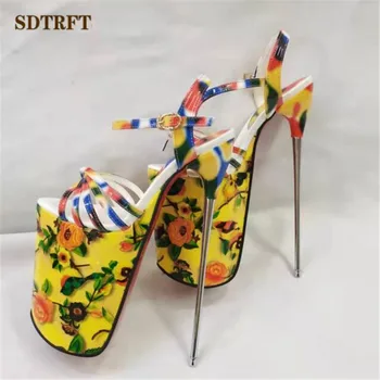 SDTRFT/ Босоножки на платформе с этническим принтом на тонком каблуке 22 см и платформе; Женская Обувь с ремешком на щиколотке; Летние Туфли-лодочки на шпильке С открытым носком; zapatos mujer