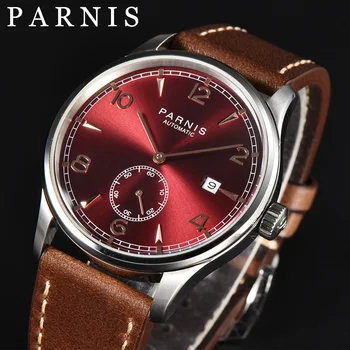 Parnis 41,5 мм Механизм с Автоподзаводом Мужские Повседневные наручные часы Для мальчиков, кожаный ремешок