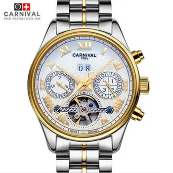 2016 Новые мужские механические часы carnival tourbillon в стиле милитари, золотой ремешок из натуральной кожи, полностью стальной, водонепроницаемые роскошные мужские часы