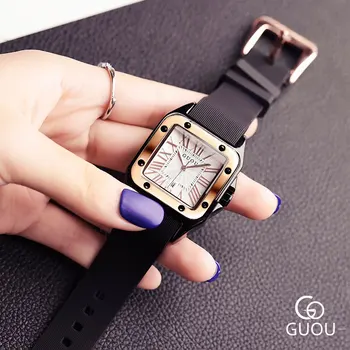 Модные Часы бренда GUOU, прямоугольные Кварцевые Женские часы, Кожаные Высококлассные часы с большим циферблатом, Роскошные женские relogio feminino