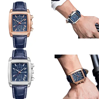 Мужские часы с прямоугольным циферблатом и ремешком от Ведущего бренда класса Люкс, мужские Повседневные Синие кварцевые часы с хронографом, Мужские наручные часы Montre