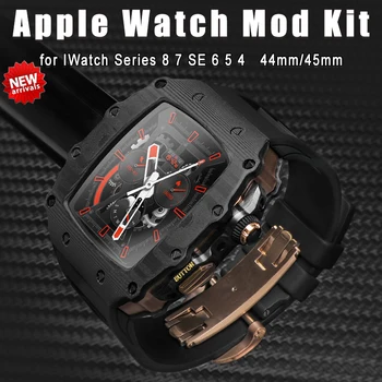 Роскошный Комплект Модификации из Углеродного Волокна для Apple Watch Band 44 мм 45 мм Карбоновый Корпус Безель Фторопластовый Ремешок Iwatch 8 7 6 SE 5 4 Mod