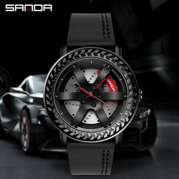 SANDA P1050 Мужские Роскошные Часы Модные Автомобильные Часы Водонепроницаемые Спортивные Наручные Часы Со Ступицей Колеса Кварцевые Мужские 3D Модели Reloj Hombre