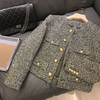 Зимняя новая модная корейская шикарная винтажная твидовая шерстяная куртка, пальто, Женская осенняя Однобортная офисная женская верхняя одежда в клетку с кисточками