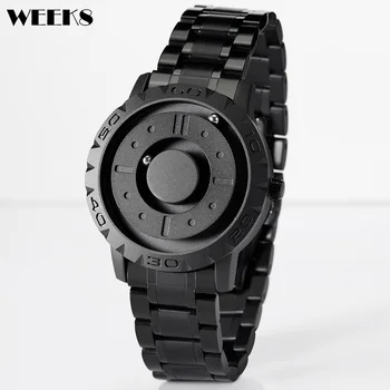 Новые мужские часы, полностью черные, из нержавеющей стали, мужские кварцевые наручные часы, минималистичный указатель с магнитным шариком, креативный циферблат, мужские часы