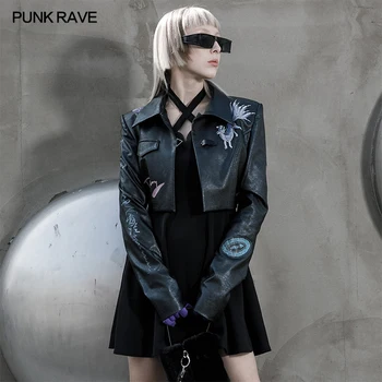 Женская китайская модная серия PUNKRAVE с принтом из искусственной КОЖИ, короткая куртка, красивое пальто с металлической пряжкой в стиле панк