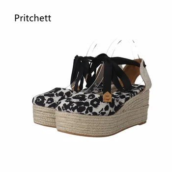 Белые эспадрильи с леопардовым принтом, Сандалии на танкетке с ремешком на щиколотке, летняя обувь на платформе для женщин, модная дизайнерская обувь с круглым носком