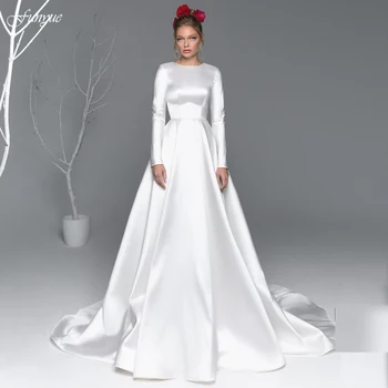 Funyue Простое Платье невесты Vestido De Novia 2022, Мусульманское свадебное платье с Длинным рукавом, Атласные Свадебные платья Трапециевидной формы цвета Слоновой кости