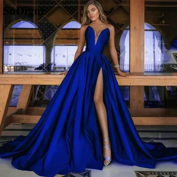 Сексуальное Вечернее платье SoDigne Royal Blue с Глубоким V-образным вырезом, Длинные Вечерние платья Для Влюбленных, Женское Длинное Вечернее платье с разрезом по бокам