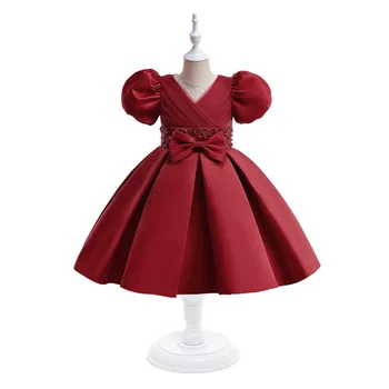 Красные платья с пышными рукавами и V-образным вырезом для девочек, свадебные детские вечерние платья на День рождения, Одежда для принцессы с кружевным поясом, Детские платья Vestidos