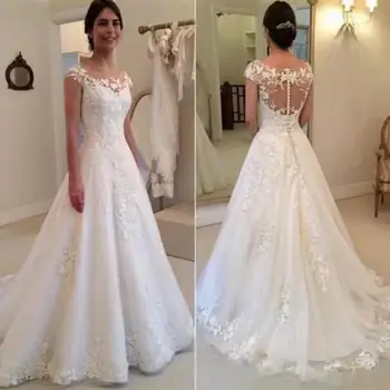 Белые свадебные платья с кружевными аппликациями в винтажном стиле 2019, Прозрачные рукава-колпачки Сзади, дешевые свадебные платья vestidos de novia
