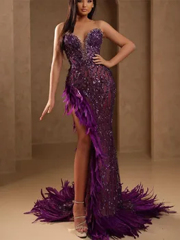 Темно-Фиолетовые Вечерние платья Русалки Без рукавов с V-образным вырезом, аппликации из бисера, 3D кружева, разрез по бокам, платья из перьев на заказ